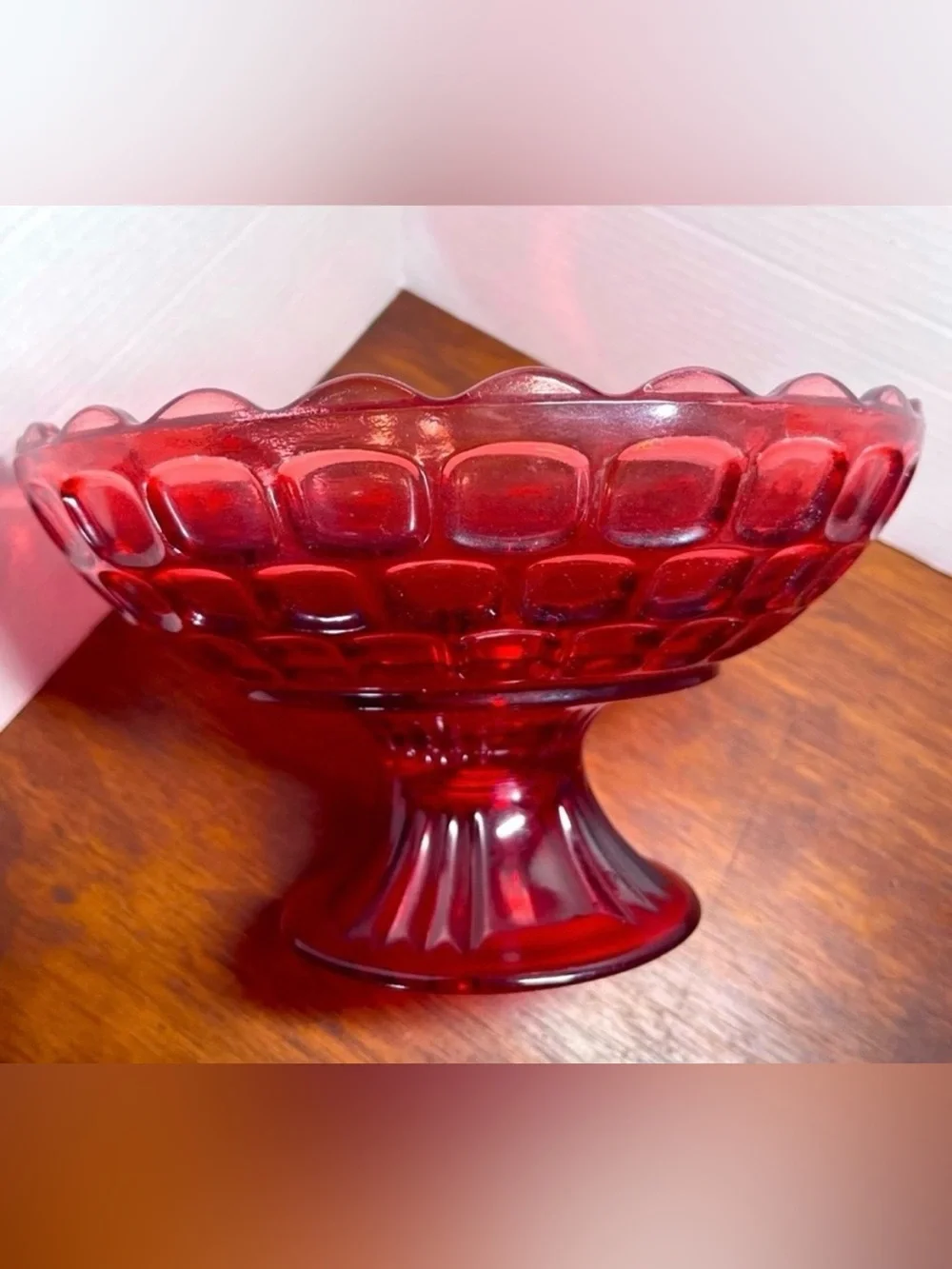 Vintage Federal Glass Yorktown Colonial Ruby Red Thumbprint Footed Bowl 10”